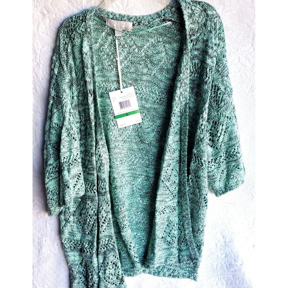 Carolyn Taylor‎ New Cardigan Women Large Open Kimo Mint Green Pointelle  NWT